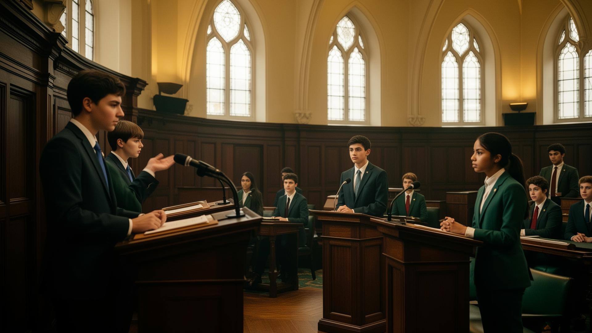 Students engaged in formal debate inside a collegiate hall